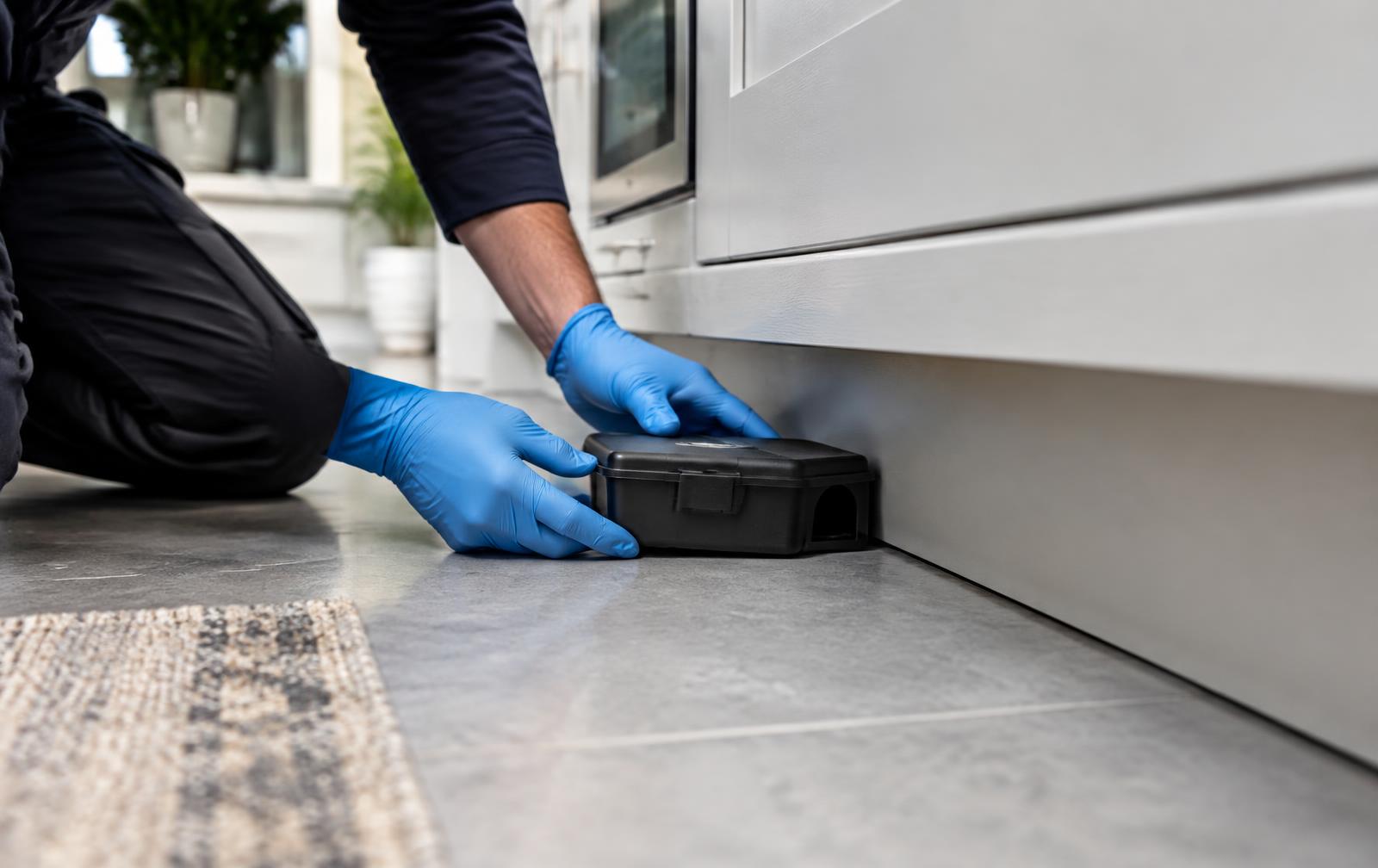 Sealed bait station being placed under a kitchen unit for mice